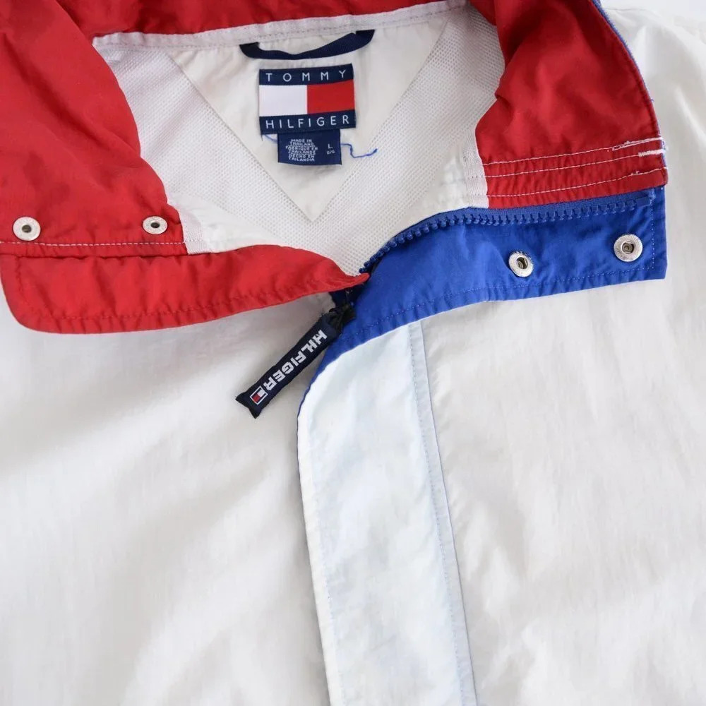 Vintage Y2K Tommy Hilfiger White Full Zip Windbreaker w Hidden Hood Size  Large - Picture 9 of 15